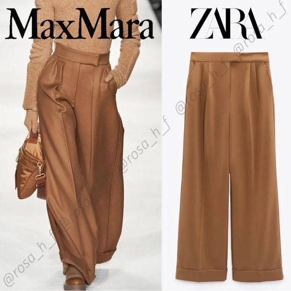 ZARA WIDE LEG PLEATED FITTED TURNED UP HEM PANTS - Picture 2 of 8
